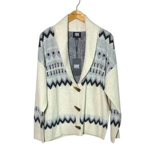 New FRYE Women Large Oatmeal‎ Heather Combo Aztec Cardigan Sweater Cozy Comfy